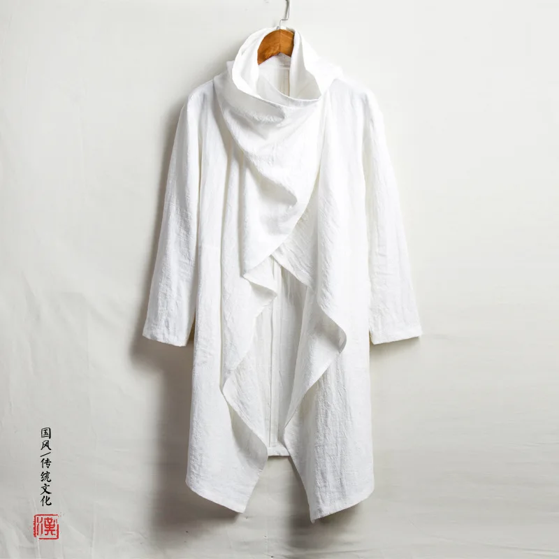 Autumn New Chinese Style Men's Clothing Cotton And Linen Zen Medium And Long Trench Coat, Linen Long-sleeved Cape Men