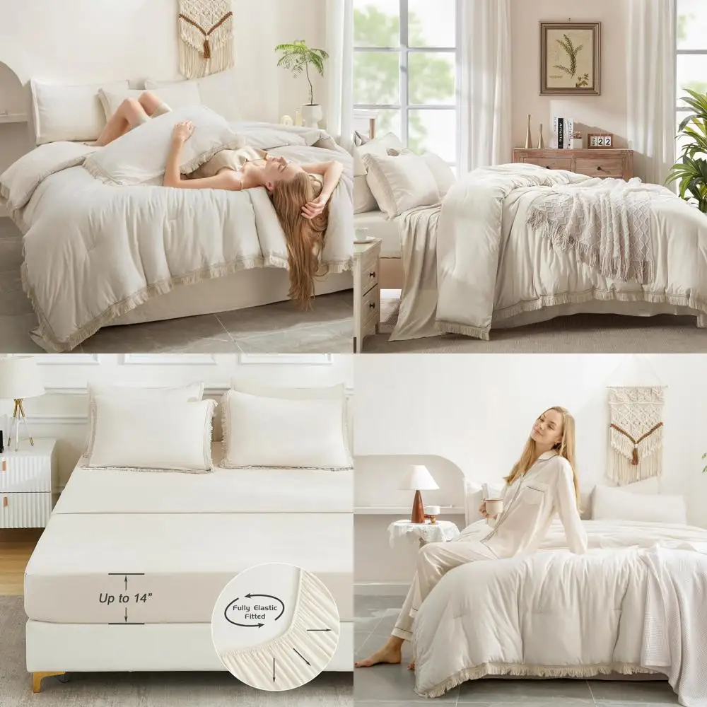 

7-предметный комплект постельного белья в стиле бохо бежевого цвета с бахромой, стеганое покрывало, простыни, наволочки и декоративные наволочки для подушек