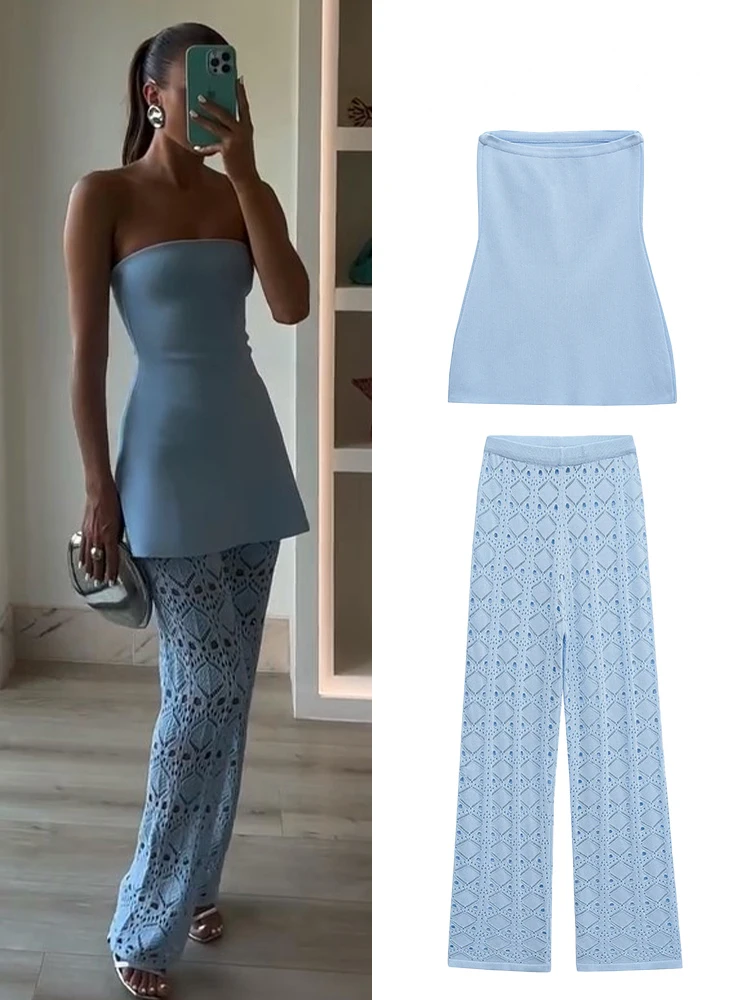 

HH женский комплект из 2 предметов, модный тонкий топ без рукавов без бретелек + элегантный эластичный пояс, полые синие вязаные широкие брюки