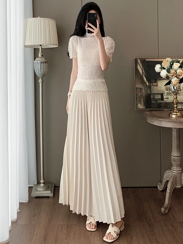 

Fashionable Lace Short Sleeve Pleated Wide Leg Pants Two Piece Set Summer 2026 Women's Cotton Blend Outfit High Collar Design