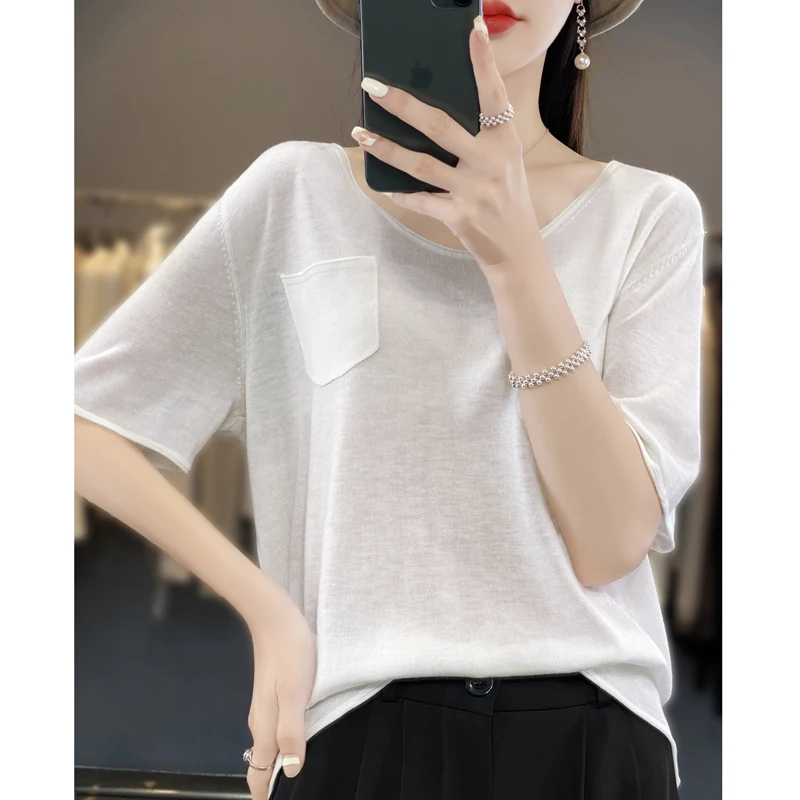 

Summer New Style Worsted Pure Wool Round Neck Pocket Solid Color T-shirt Women's Casual Loose Versatile Knitted Short Sleeve