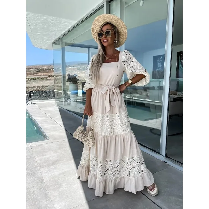 Elegant Women Corset Party Dress Summer Sexy Fashion Short Puff Sleeve High Waist Loose Hollow Out Bohemian Floor Length Dress