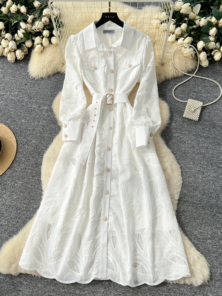 

Ele Вышитая ажурная длинная све, винтажная утягивающая юбка трапециевидной формы с отложным воротником и поясом Dr Luxury Faion