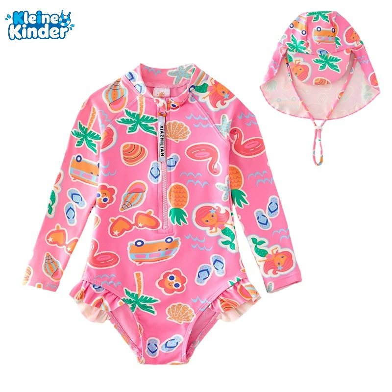UPF 50+ Girls Rash Guard Swimsuit Pink Mermaid Tropical Print Long Sleeve One Piece Bathing Suit Toddler UV Protection Swimwear