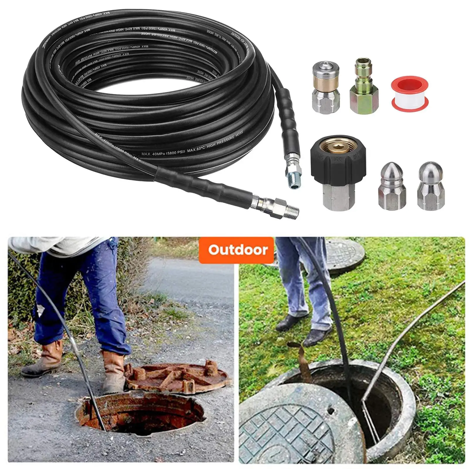

Sewer Jetter Kit for Pressure Washer,1/4" NPT, Sewer Jet Hose, 5800PSI