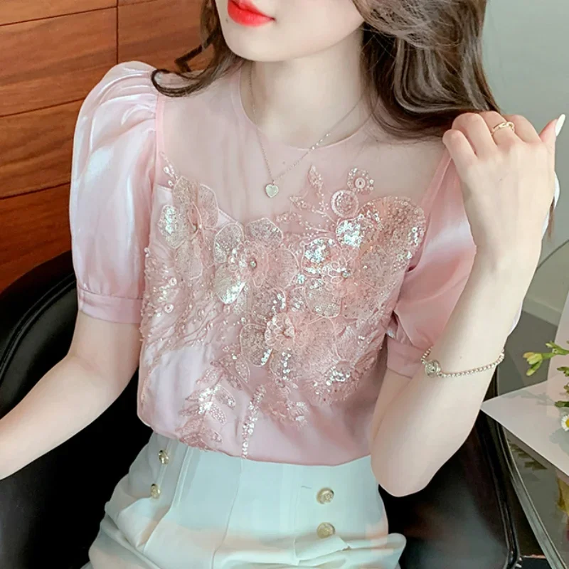 

O Neck Chiffon Puff Sleeve Summer Shirts Vintage Blusas Mujer De Moda 2023 Heavy Shiny Beading Design Sense Chic Fairy Blouses