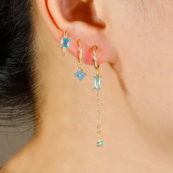 3pcs Luxury Design Stainless Steel Chain Flower Hoop Earrings Set For Women Zirconia Long Tassel Square Pendant Piercing Jewelry