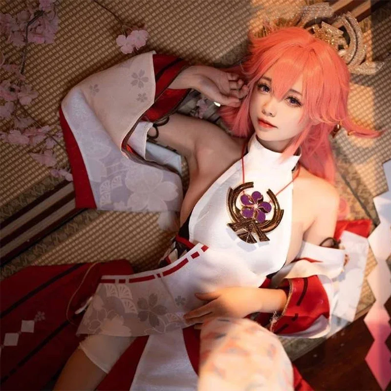 Genshin Impact Yae Miko Cosplay Traje para Mulheres, Peruca e Shorts, Trajes de Carnaval de Halloween, Vestido do Jogo