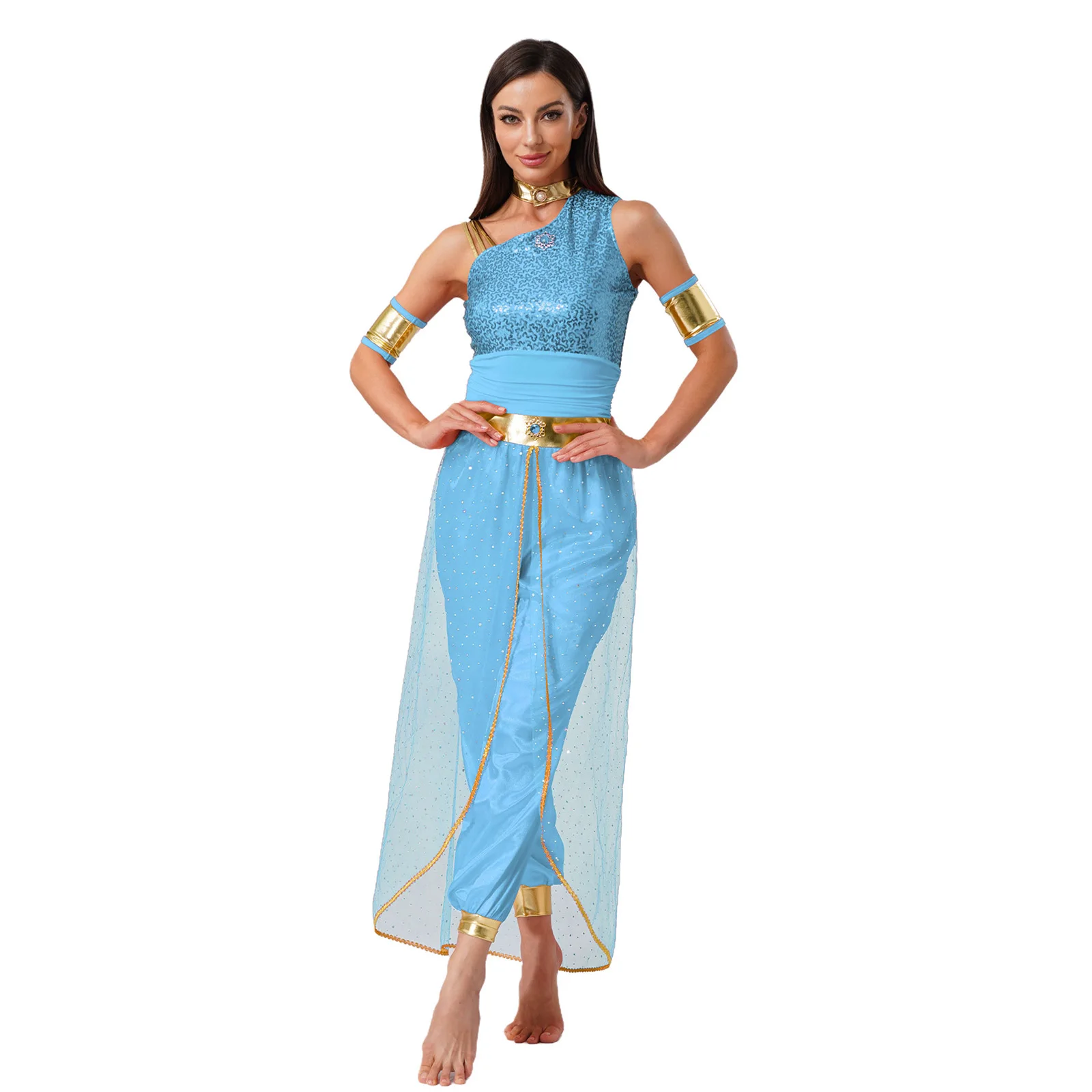 

Womens Arabian Princess Jasmines Costume Halloween Party Indian Arab Belly Dance Jumpsuit Shiny Sequins Tulle Overlay Bodysuit