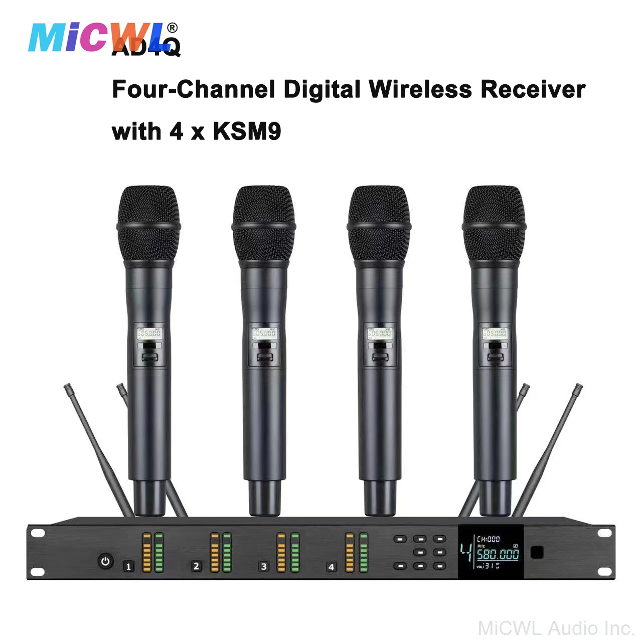 AD4Q Series KSM9 4 Channel Digital Wireless Microphone DJ Karaoke Stage Performance System with K9 Metal Handheld Super Cardioid