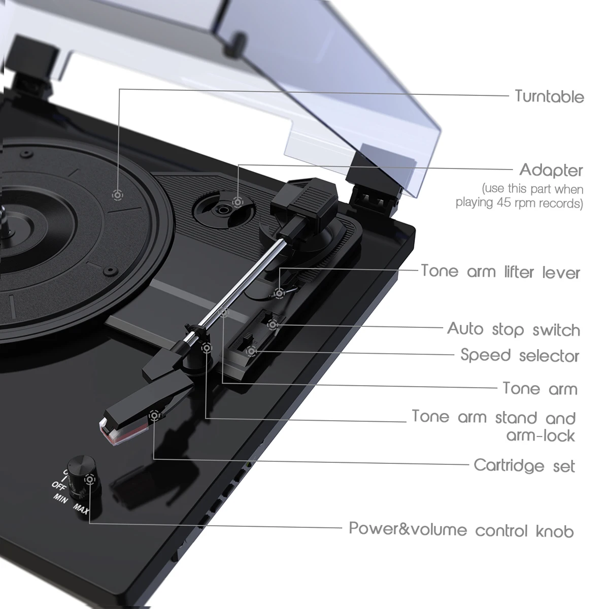 Record Player with Stereo Speakers 3-speed (33/45/78 RPM) Turntable LP Phonograph Supports BT Connection/USB Flash Disk/Memory C