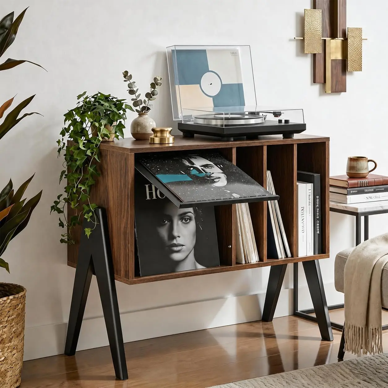 

32" Mid Century Modern Record Player Stand with Vinyl Storage, Heavy-Duty Turntable Console Table, Black Walnut