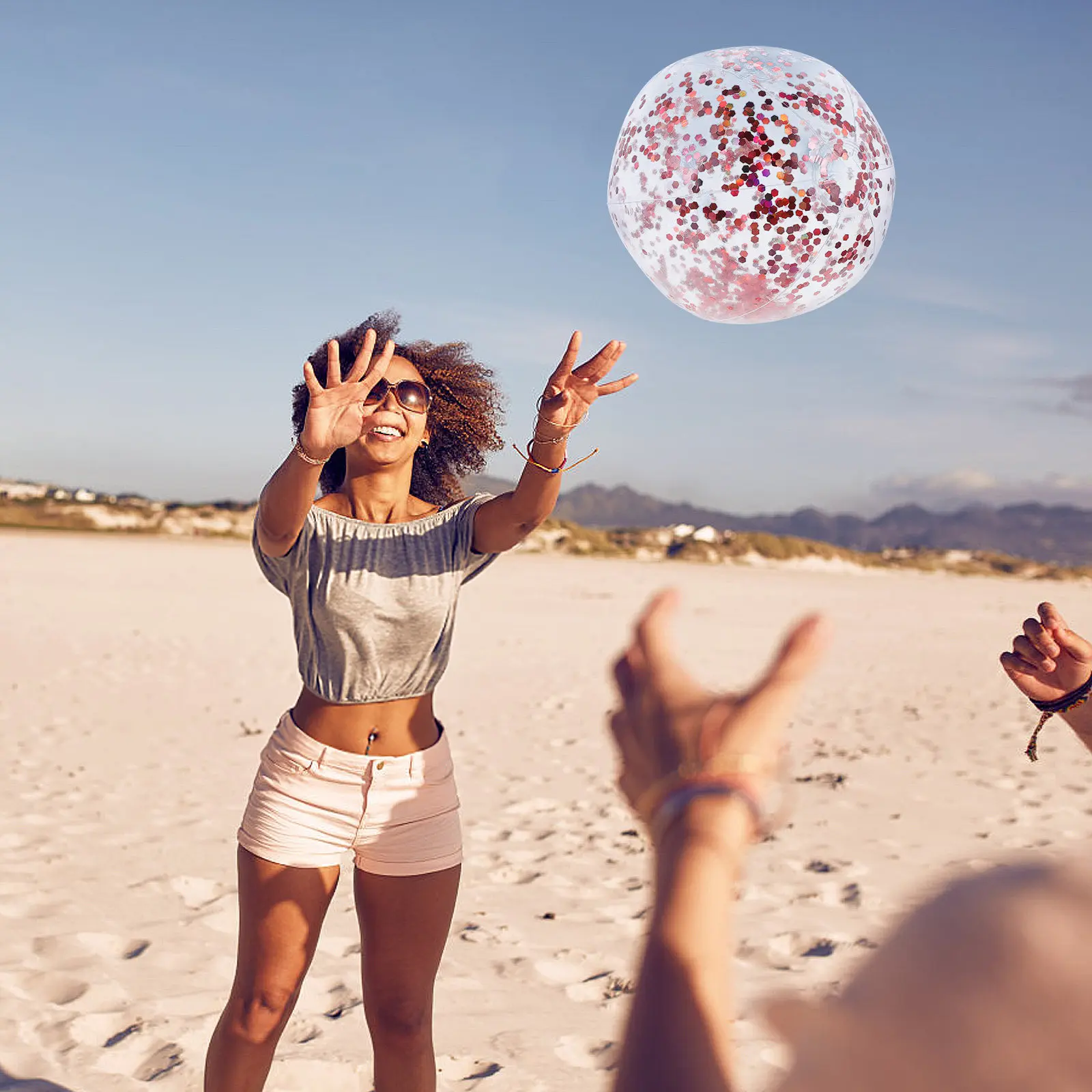 Glitter Ball Round Transparent Rose Gold for Indoor Outdoor Beach Play – Includes Pump, Catch & Throw Skill Training