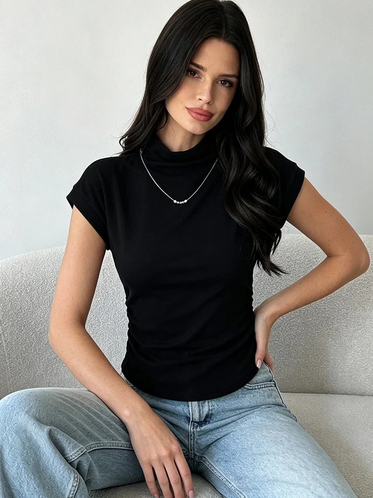 2026 Women Mock Neck Short Sleeve T‑Shirt Side Ruched Waist Slim Fit Solid Color Casual Tops Elegant Daily Inner Layering Blouse