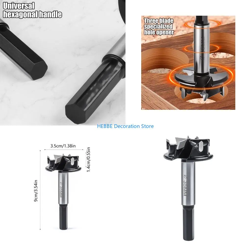B0KC Precisions 3 Flutes Hinge Boring Tool 35mm Diameter with Adjustable Depth Guide