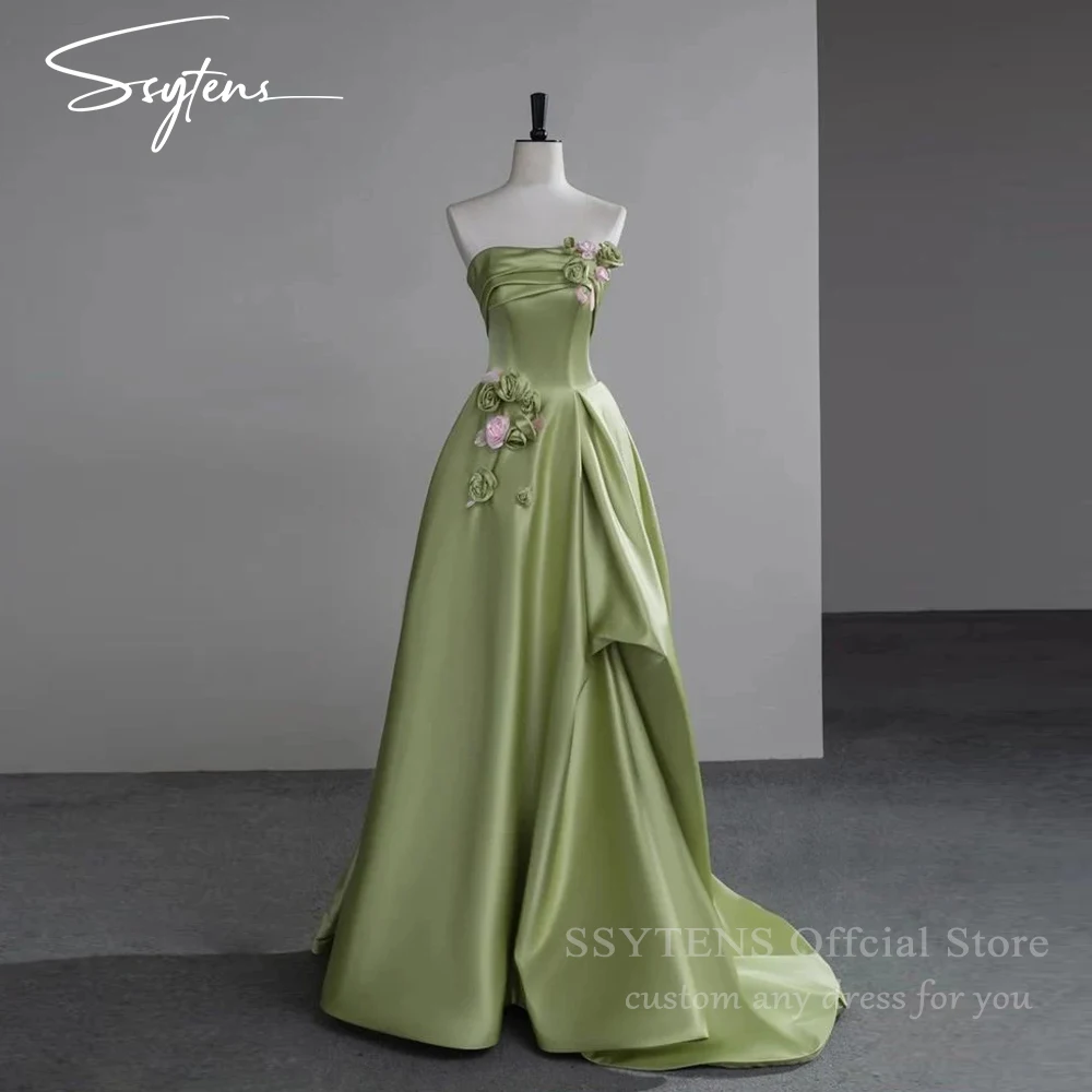 

SSYTENS Elegant Satin Evening Dresses Long Strapless Prom Gowns Engagement Corset Back Flower Saudi Formal Celebrity Party Dress