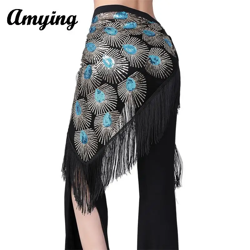 Women Belly Dance Tassel Scarf Sequin Waist Chain Stage Performance Triangle Scarf Dance Practice Tassel Lacing waist scarf