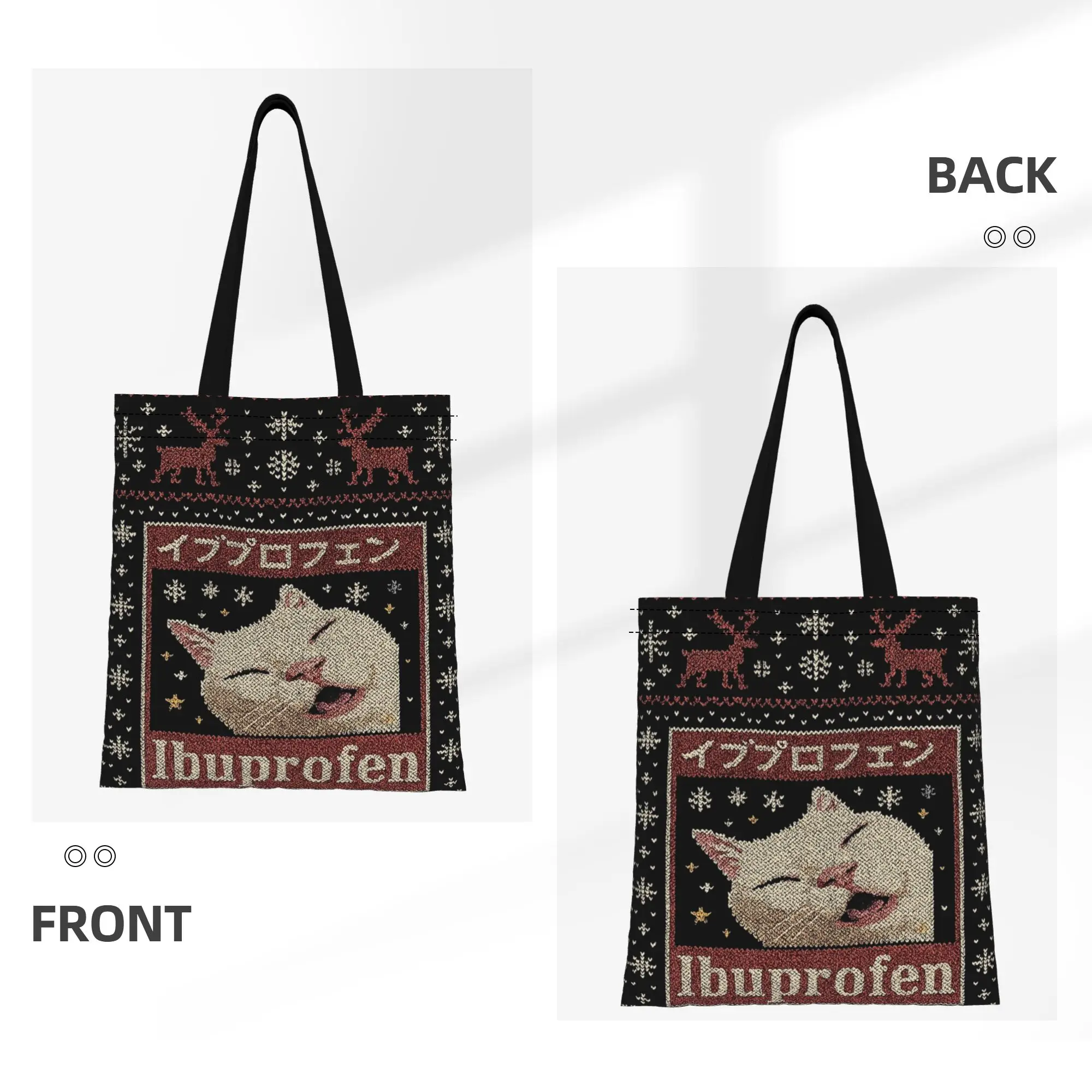 1PC Large Capacity Chaotic Cat Ibuprofen Cat Meme Canvas Tote Bag Foldable Chic Pattern No Closed Design