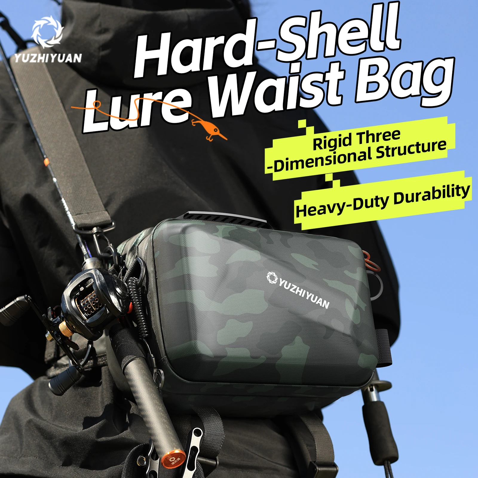 Hartschalen-Angeltasche mit Zubehör, Große Kapazität Köder-Gürteltasche, Vorfachschnur-Tasche, Angelschere, Schulterriemen – Detail 1