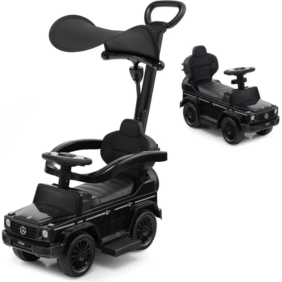 Push Cars for Toddlers, Mercedes Benz Kids Toy Car w/Push Handle & Detachable Guardrail, Horn & Engine Sound, Seat Storage, Foot