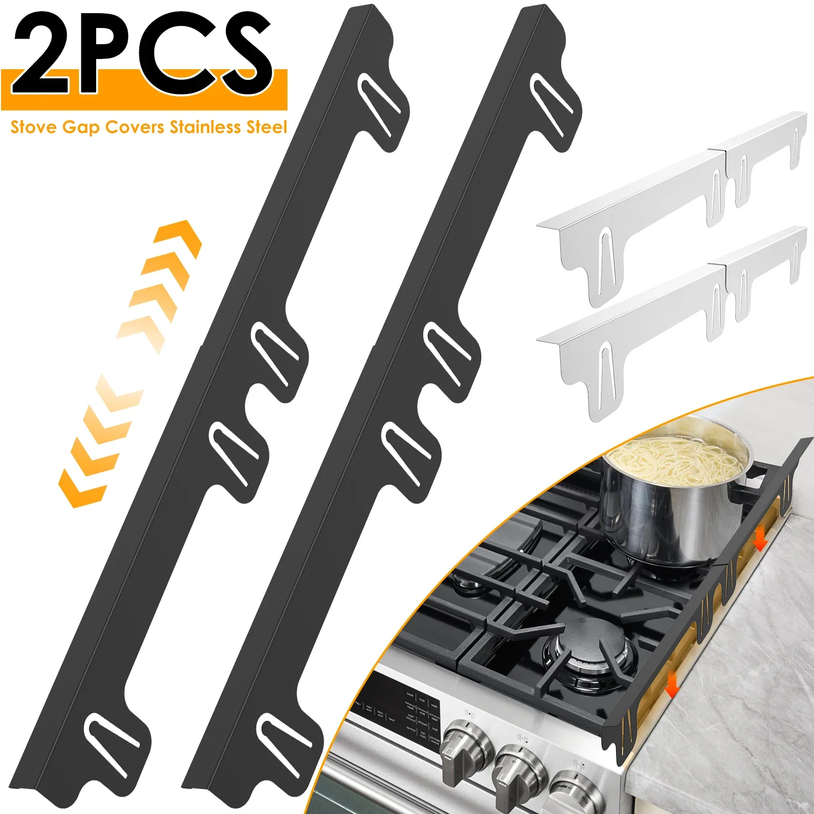 2Pcs Stainless Steel Stove Gap Guards Snug Fit Adjustable Length Stove Side Gap Protectors Heat Resistant Stove Gap Fillers