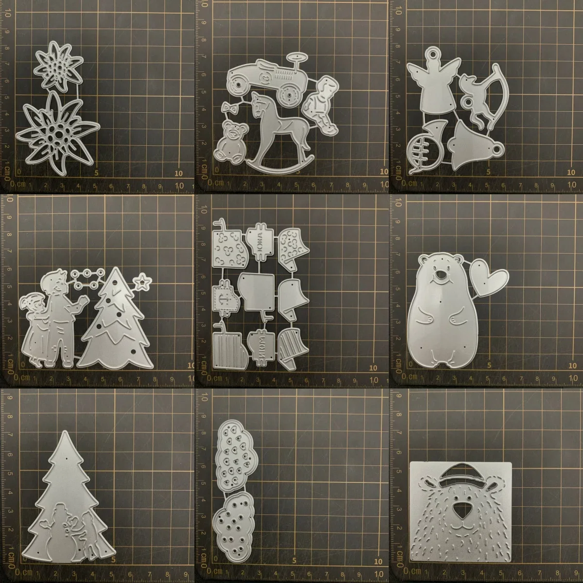 Image of 9 Arten von Baum-, Bären- und Engels-Metall-Stanzformen für DIY-Scrapbooking, dekorative Prägung, handgefertigte Stanzformen, Vorlage