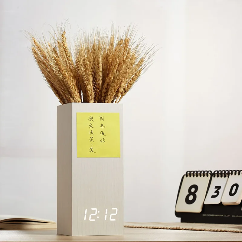 Fashion led creative vase flower arrangement wooden clock multi-function voice-activated wooden electronic alarm clock