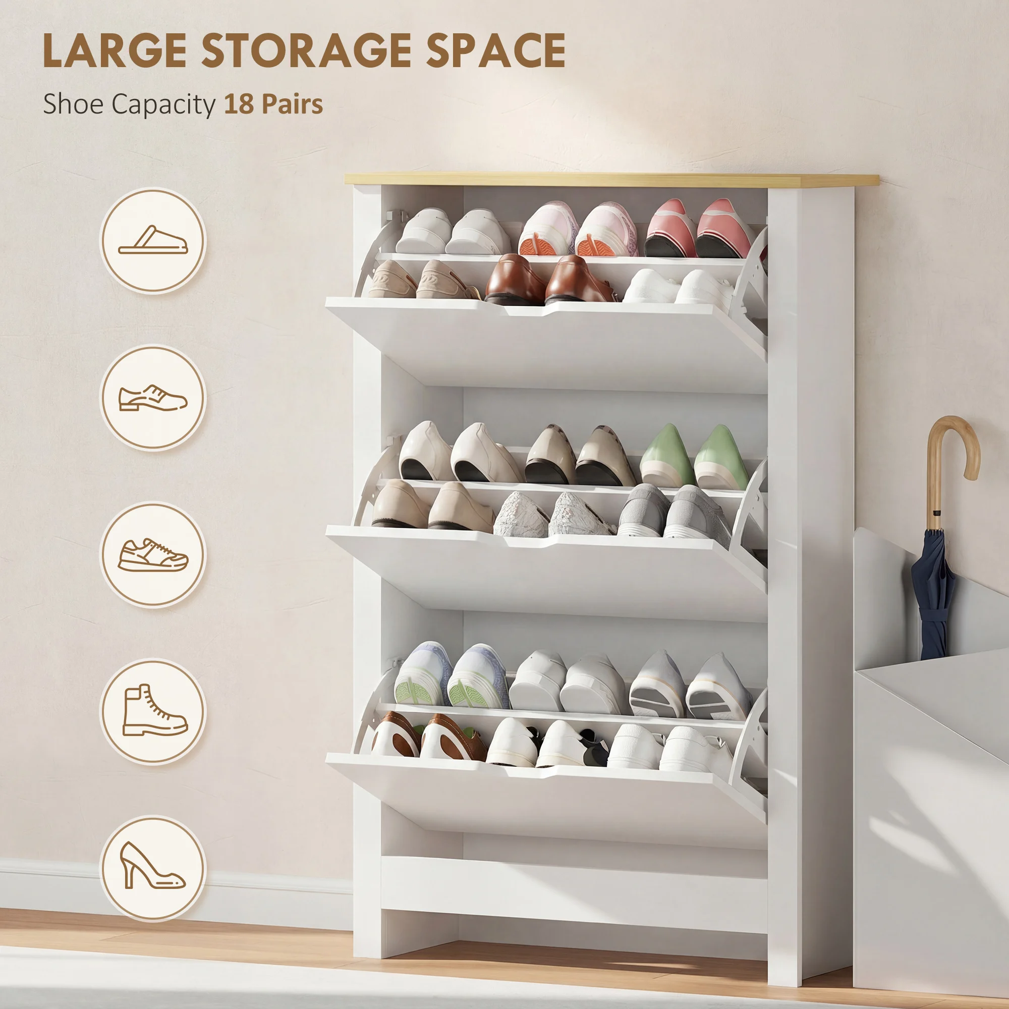 HOMCOM 18-Shoe Storage Cabinet 6 Shelves 3 Drawers Tabletop 4 Legs Modern White