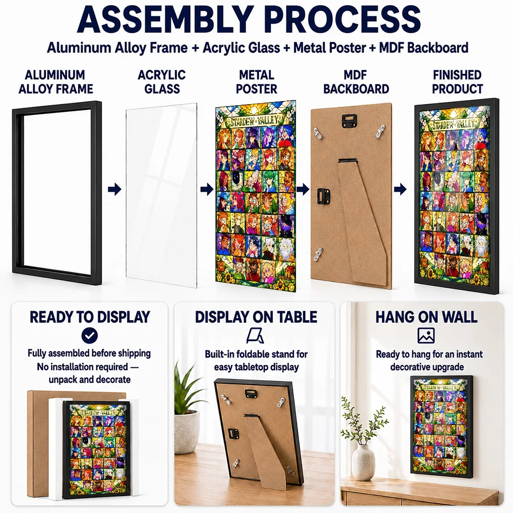 Stardew Valley Character Mosaic Framed Metal Print Personalized Stained Glass Inspired Wall Art For Bedroom And Computer Room