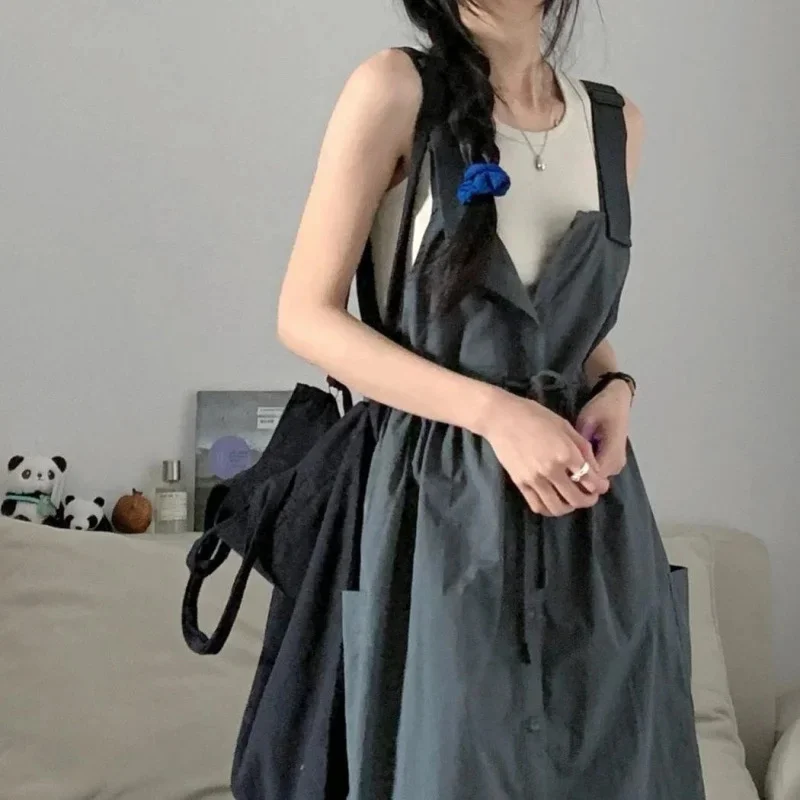 Casual Workwear Denim Suspender Skirt Set Sleeveless Inner Wear Vest Single-Buttoned Belted Waist Dress New Arrival Summer Wear