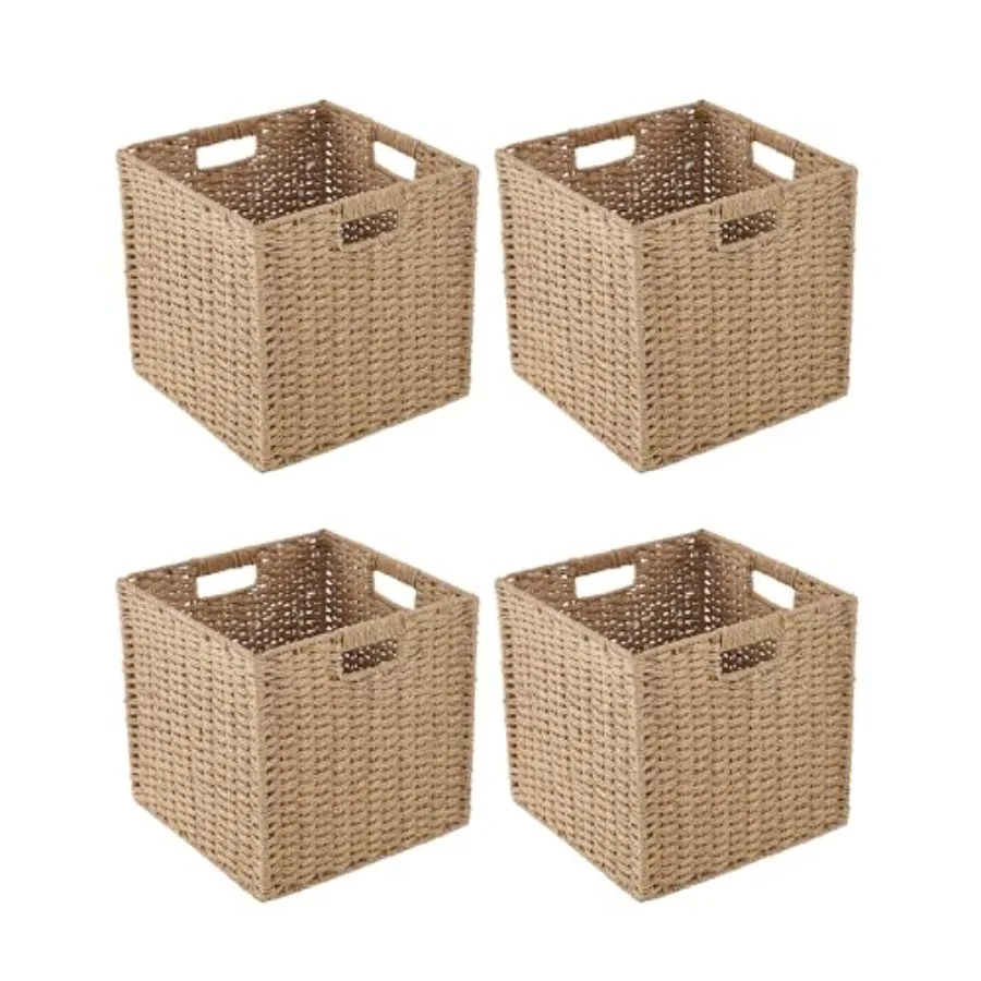 

Paper Woven Foldable Storage Baskets 4 Pack, 11 Inch Cube Storage Bins, Handmade Paper Material Collapsible Organizer for Shelv