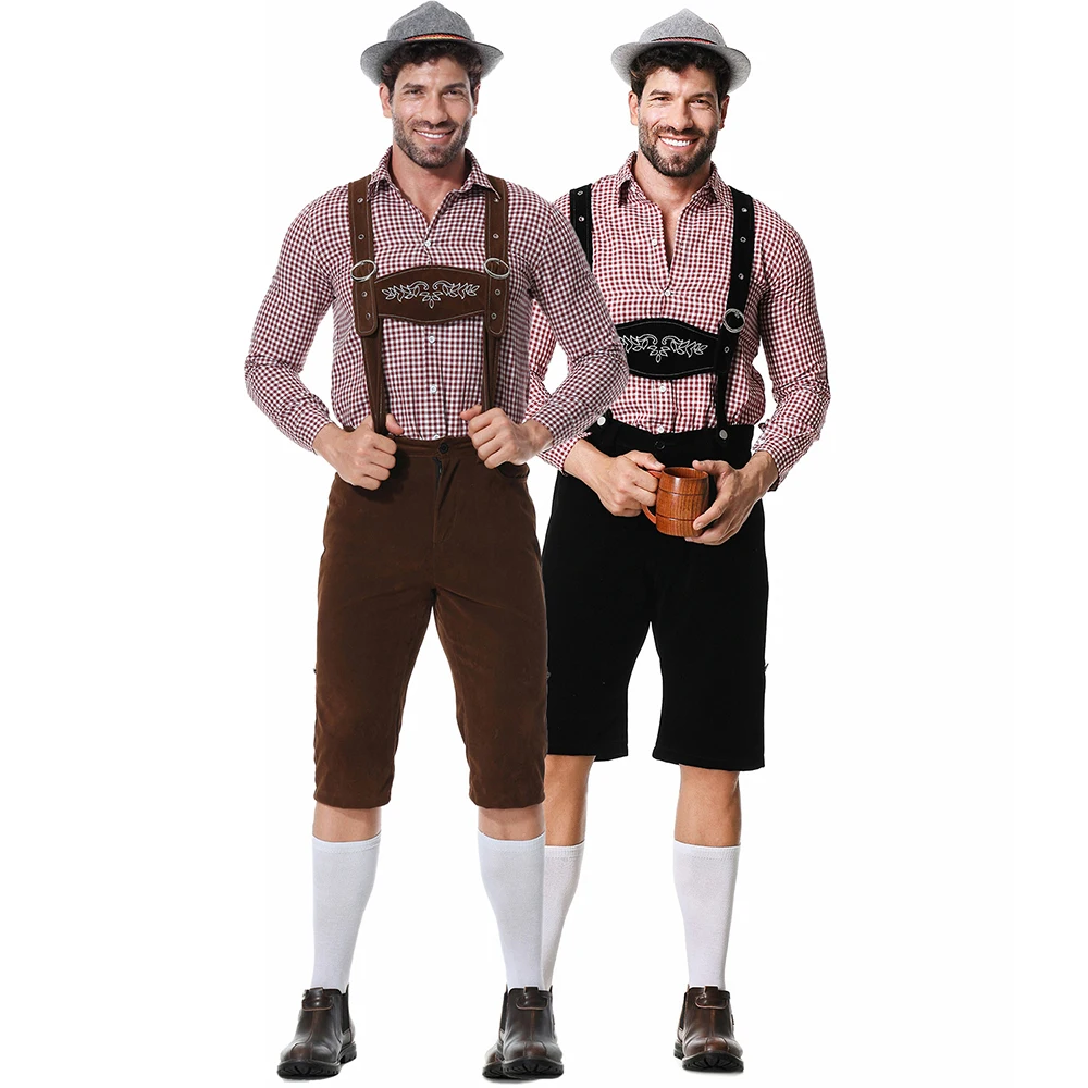 Herren Bayerisches Oktoberfest Lederhosen Kostüm Deutsches Bierfest Hosenträger Strampler Hemd Hut Set Halloween Cosplay Kostüme – Detail 2