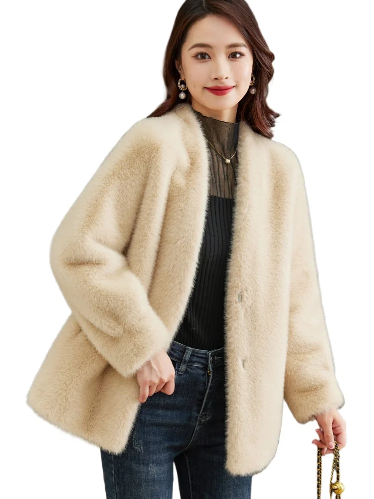 Furry jacket fur integrated fur women's environmental and winter long-sleeved fashion imitation European mink furry coat
