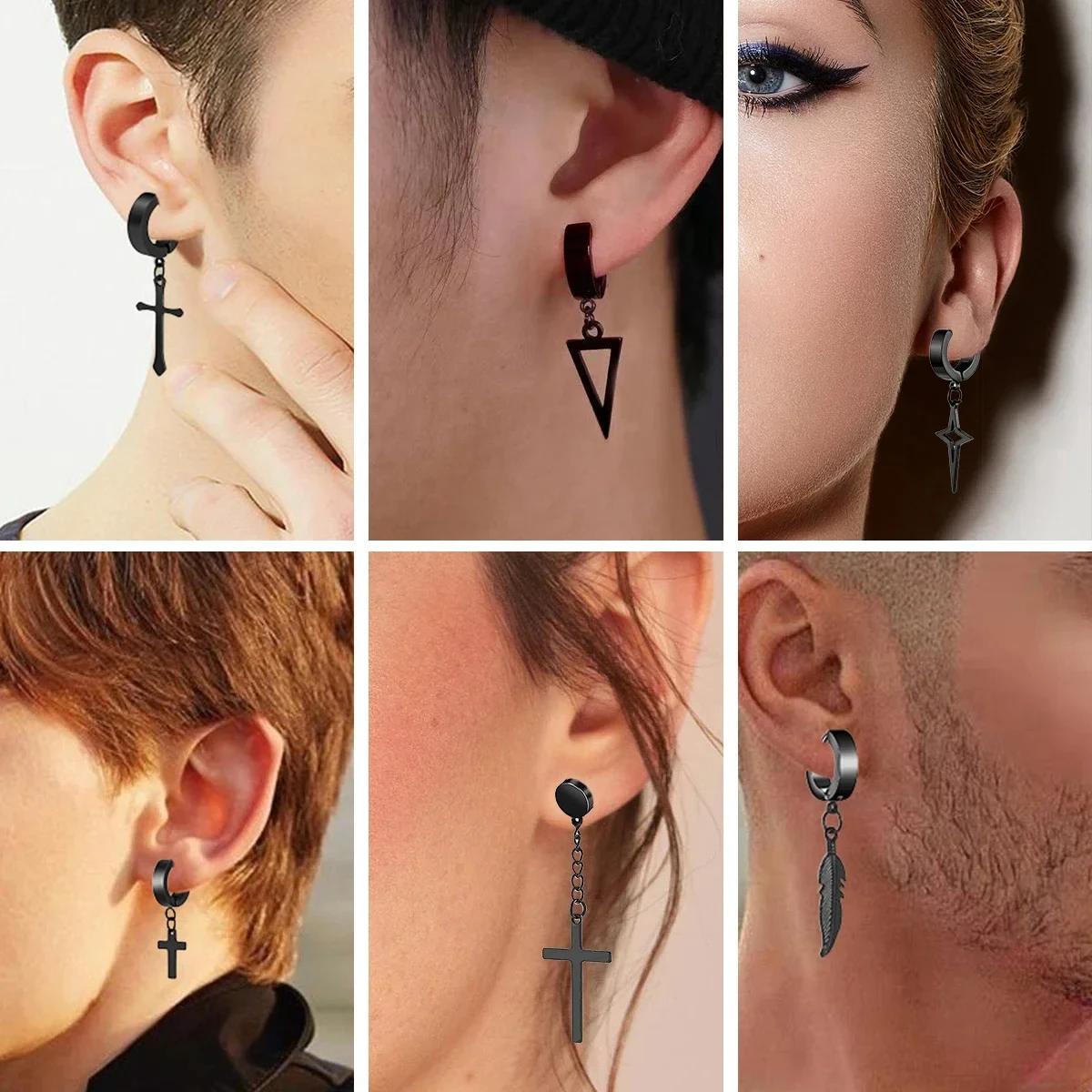 1Pair Unisex Punk Fashion Cross Pendant Ear Clip Non-Piercing Earrings Fake Earrings Gift for Men Women Jewelry Daily Wear