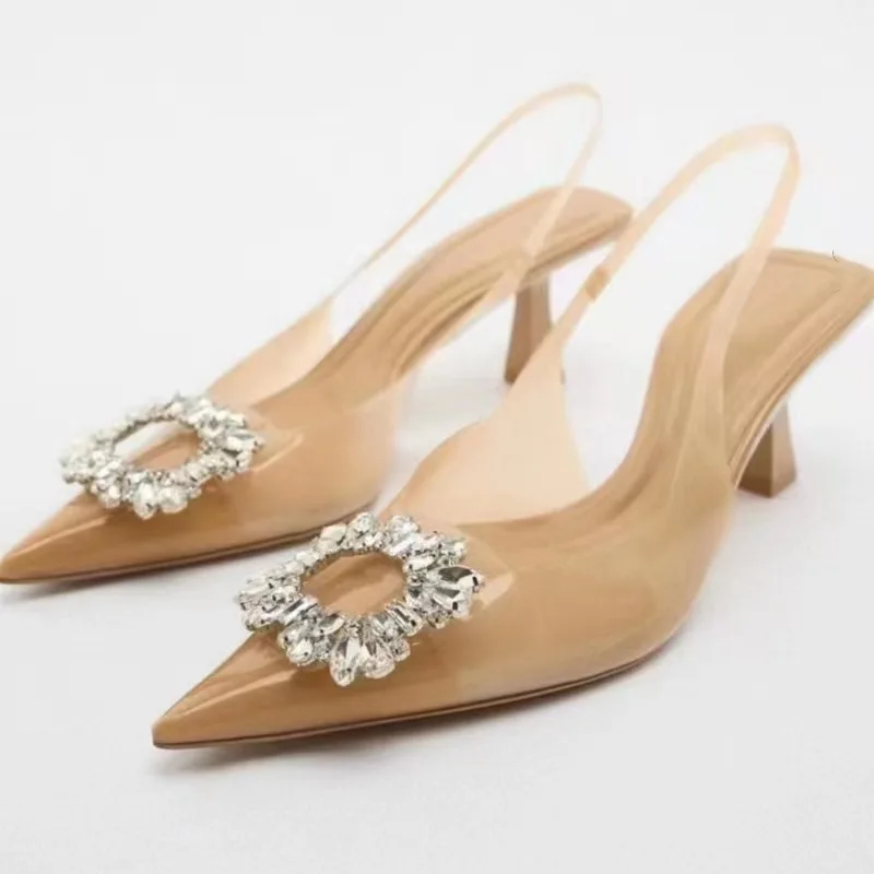 Women Sandal WSL TRAF ZA 2023 Autumn Transparent High Heels Shoes Woman Elegant Rhinestones Luxury Sandals Sexy Slingback Pumps