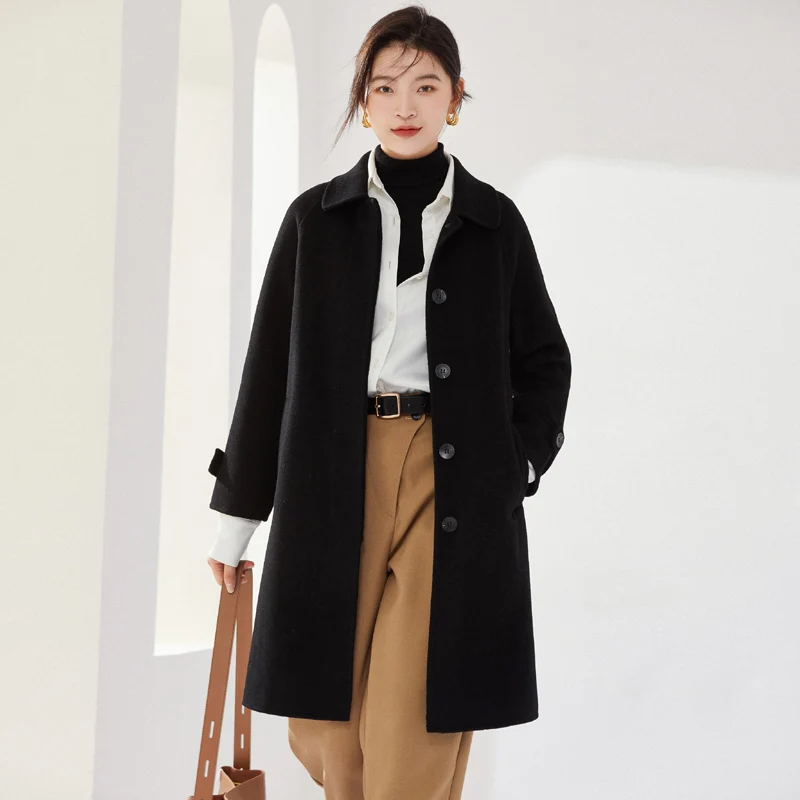 

Autumn Winter Mid-Length Double-Sided Pure Wool Coat for Women Black Turn-Down Collar Slim Fit High-End Woolen Trench Coat