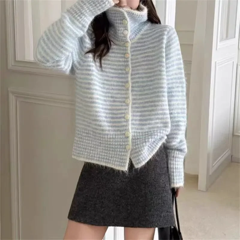 

Knitted Cardigan Korean Retro Striped Long Sleeve Sweater Jacket Contrast Color Loose Top