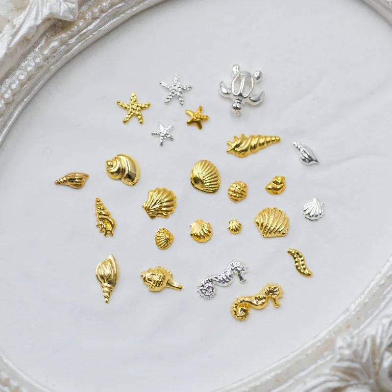 500Pcs Summer Designs Nail Art Metal Slices Studs Multi-Shapes Shell/Starfish/Seahorse Gold/Silver Nail Decorations