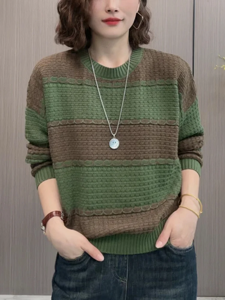 

Свободный женский трикотаж в полоску. Зимняя верхняя одежда. Теплый базовый слой для скрытого жира на животе. Корейский круглый длинный S...