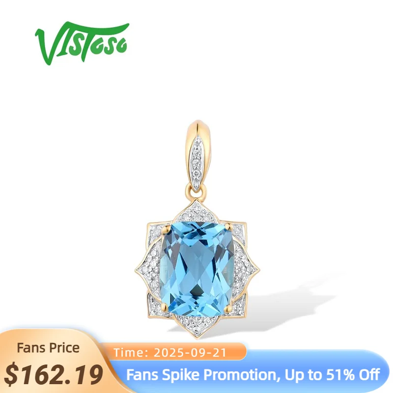 

VISTOSO Gold Pendant For Lady Genuine 14K 585 Yellow Gold Radiant Blue Topaz Sparkling Diamond Delicate Anniversary Fine Jewelry