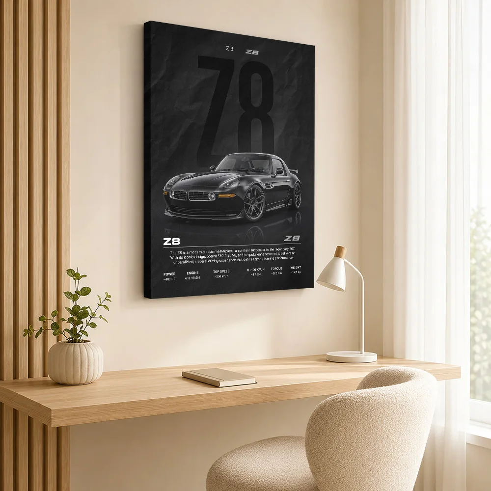 Black German Z8 Car Canvas Print Poster Personalized Photo Dynamic Illustration Style Wall Art Garage Studio Decor Driver Gift