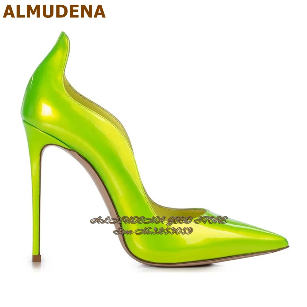 

ALMUDENA Neon Yellow Hologram Iridescent 12cm Stiletto Heel Shoes High-Cut Irregular S-Shaped Wedding Pumps Shallow Slip-on Heel