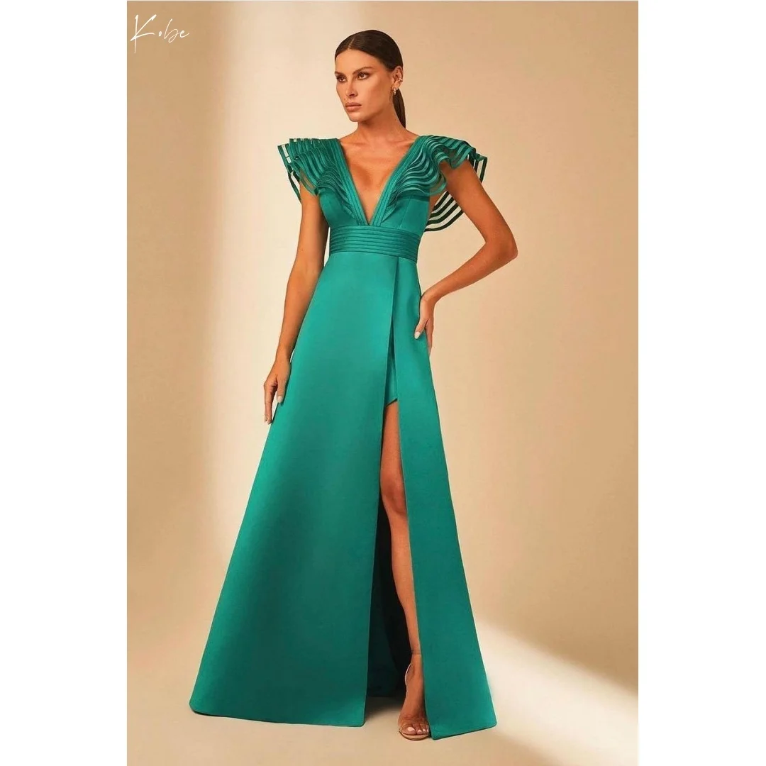 

Kobe Customized Green Side Slit V Neck Prom Dresses Cap Sleeve Evening Dresses Satin A-line Floor-Length Party Dresses 2025
