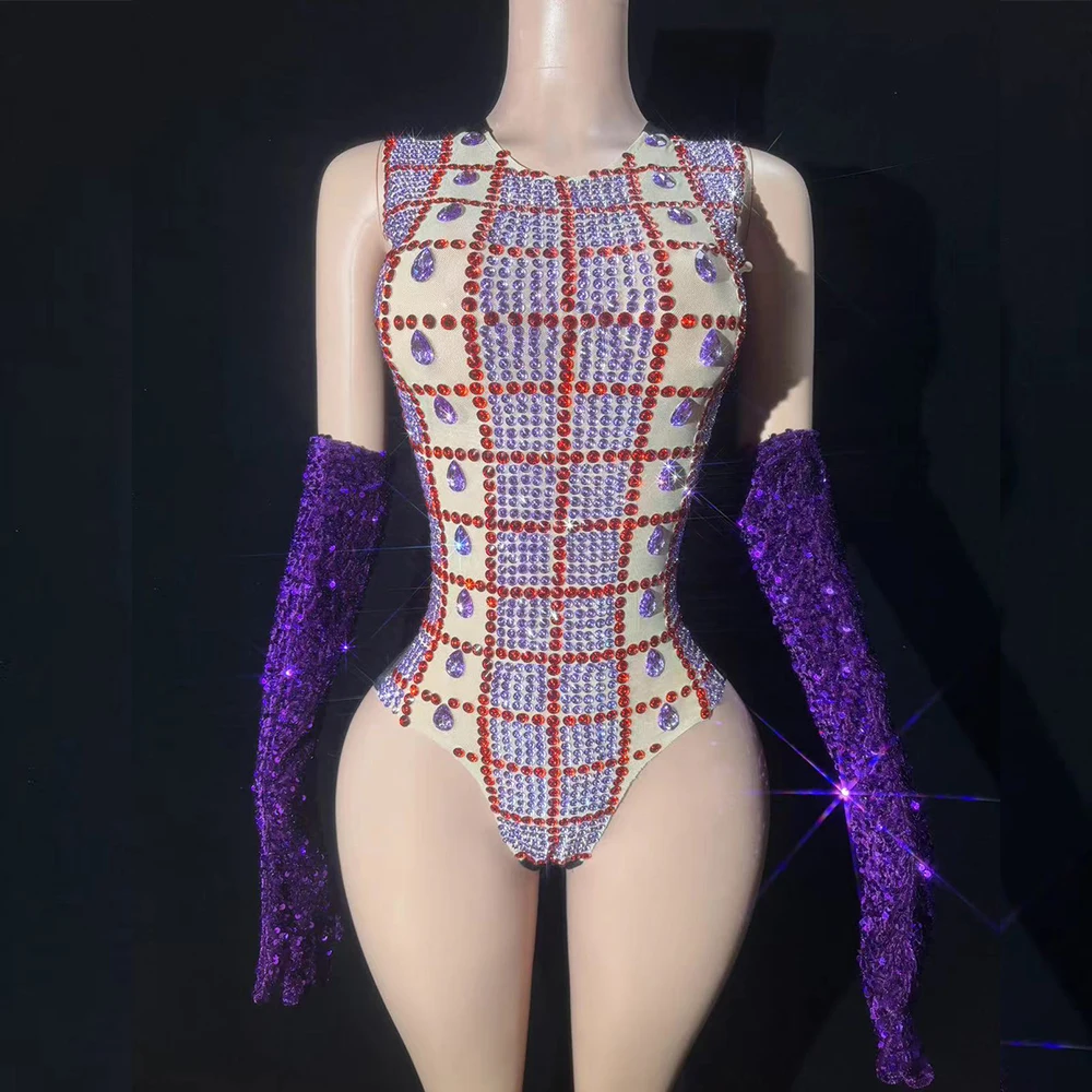 

Sparkly Purple Rhinestones Leotard Gloves Bodysuit Women Sexy Dance Costume Performance Stage Wear Nightclub Bodysuit Outfit