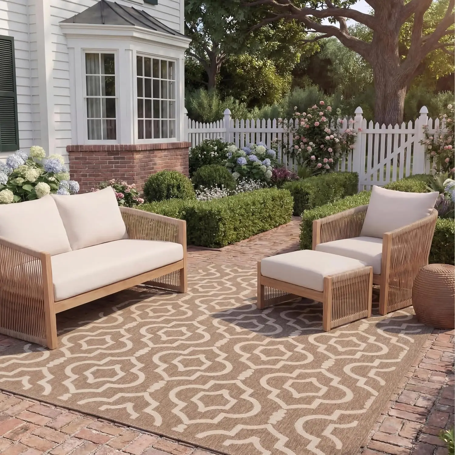 Washable Rug Outdoor Courtyard Collection - 8' x 11', Brown & Bone, Non-Shedding & Easy Cleaning, Ideal for Patio, Backyard, Mud