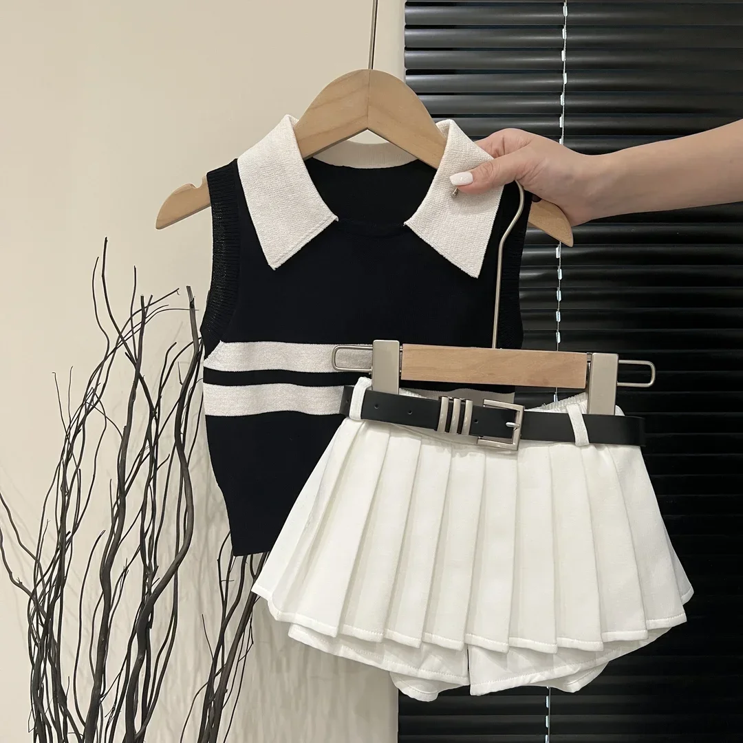 New Baby Polo Shirt Girls Knitted  Summer Set Latest Children's Western Style Tank Top Fashionable Pleated Skirt Two Piece Set