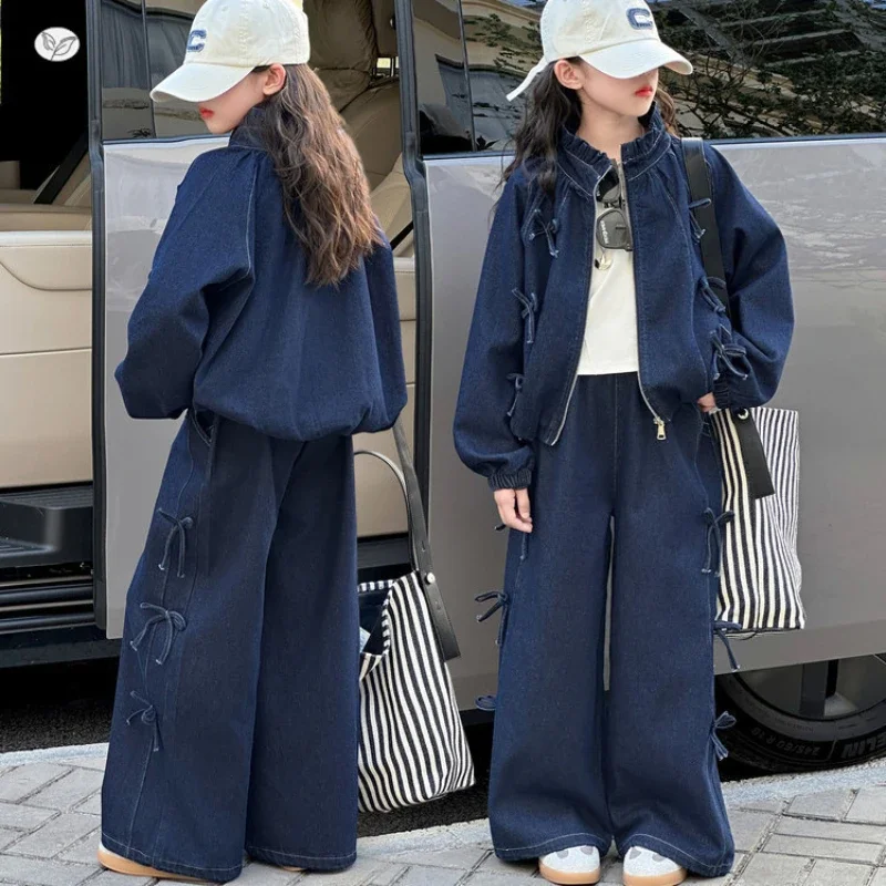 

Girls Clothes Set 2025 Spring Autumn Bowknot Stand-up Collar Denim Jacket and Pants 2Pcs Children's Suits School Kids Outfits