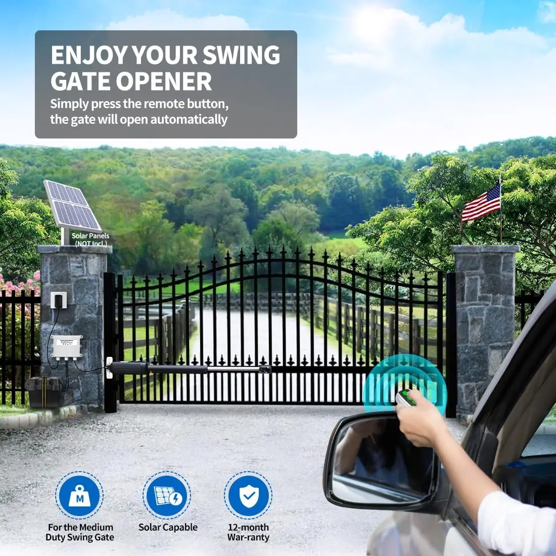 TOPENS A5 Automatic Gate Opener for Medium Duty Single Swing Gates Up to 16ft, Single Swing Gate Operator Battery Powered