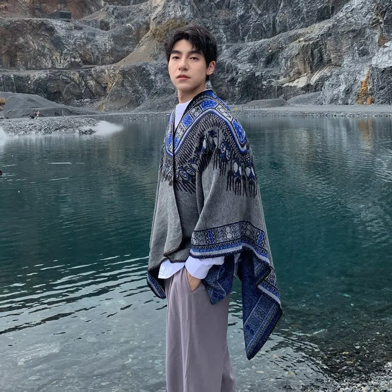 Men's Geometric Style Ethnic Trend Shawl Outdoor Travel Warm and Windproof Cloak Shawl Cloak Imitation cashmere  Photography P1