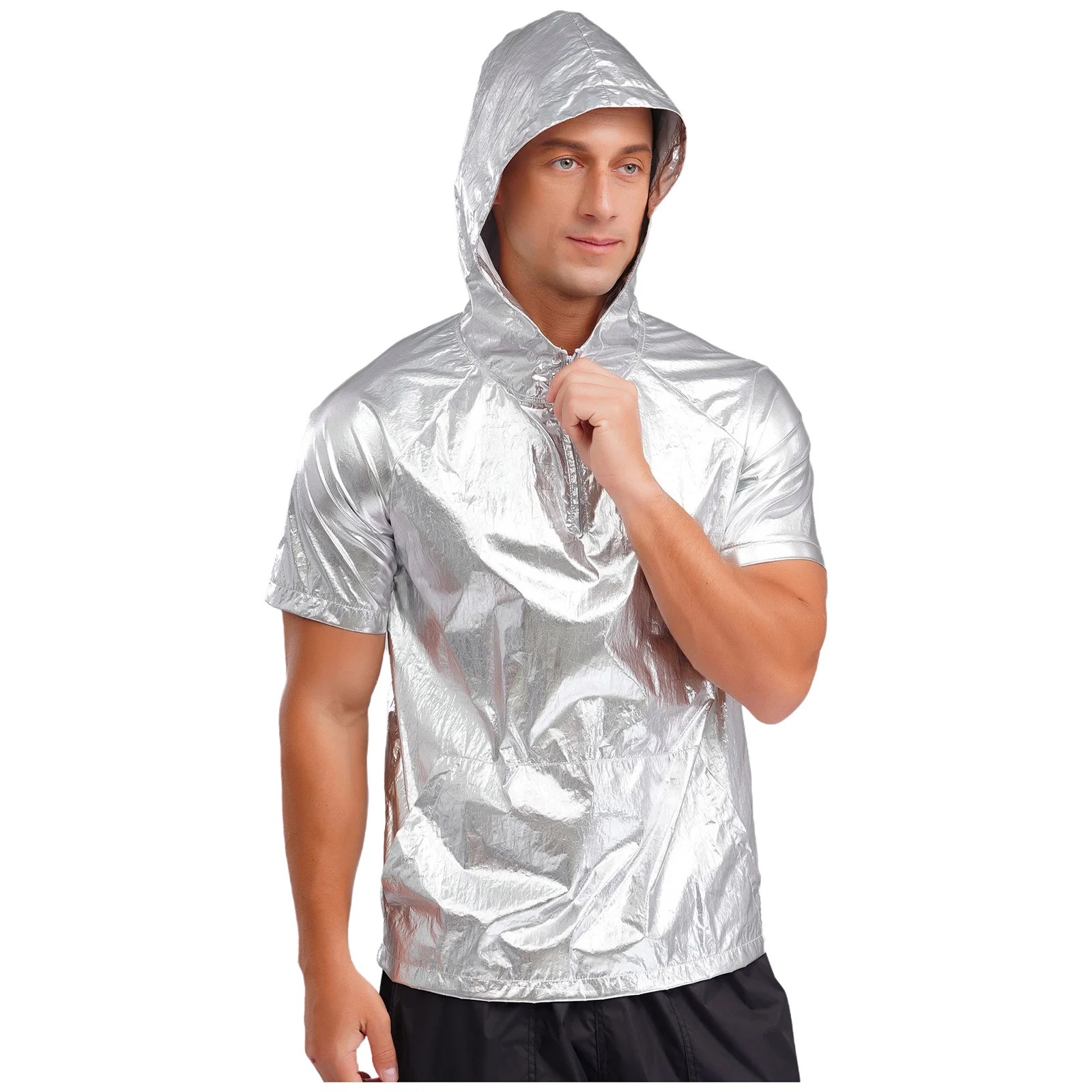 بلوفر بغطاء للرأس معدني أنيق للرجال بأكمام قصيرة وسحاب وغطاء للرأس وخفيف الوزن لمهرجان موسيقى الرقص والديسكو